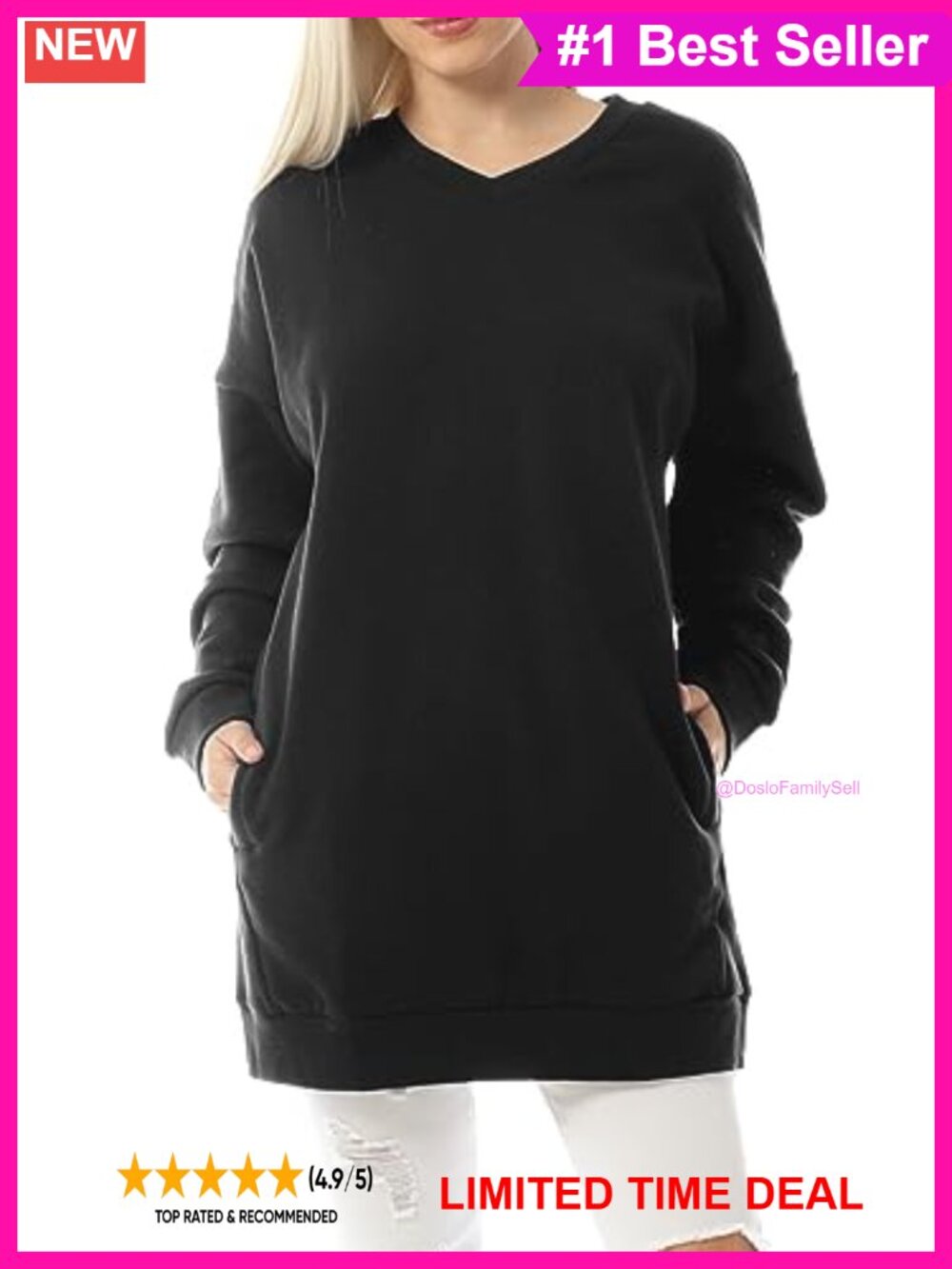 Oversized Fleece Sweatshirt Tunic Pullover V-Neck with Side Pockets
